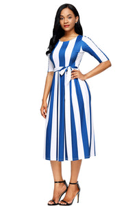 Blue Stripe Print Half Sleeve Belted Dress