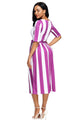 Purple Stripe Print Half Sleeve Belted Dress
