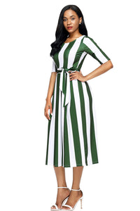 Olive Stripe Print Half Sleeve Belted Dress