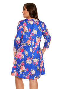 Royal Blue Floral Print Crisscross Neck Curvy Dress