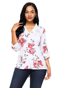 White Red Floral Print Slight V Neck Blouse