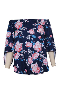 Navy Blue Floral Elastic Off Shoulder Top