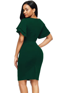 Green Flare Sleeve Back Slit Sheath Dress