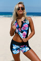 Elegant Floral Zip Front Sporty 2pcs Tankini Swimsuit