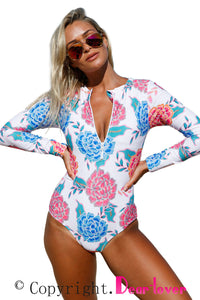 Pink Blue Peony Long Sleeve Zip Front One Piece Swimsuit