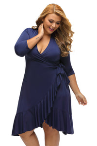 Navy Blue Whimsy Wrap Flounce Plus Size Dress