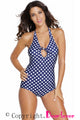 Navy Blue Vintage Halter Monokini White Polka Swimsuit