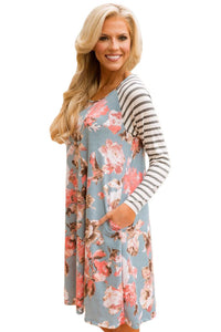 Blue Floral Print Stripe Raglan Sleeve Dress