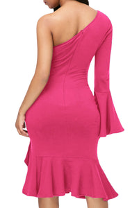 Rosy Twist and Ruffle Accent One Shoulder Prom Dress