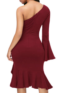 Burgundy Twist and Ruffle Accent One Shoulder Prom Dress
