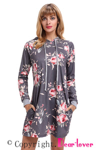 Grey Floral Print Drawstring Hoodie Dress