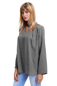 Gray Choker Cut out V Neck Blouse with Keyhole Back