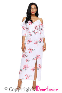 White Cold Shoulder Floral Slit Maxi Dress