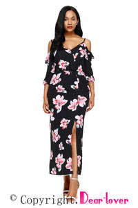 Black Cold Shoulder Floral Slit Maxi Dress