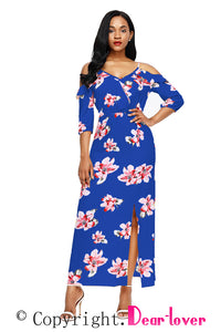 Blue Cold Shoulder Floral Slit Maxi Dress