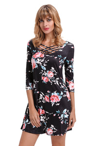 Black Fence Neck Floral Print T Shirt Dress