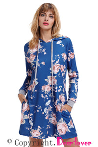 Slate Blue Floral Print Drawstring Hoodie Dress