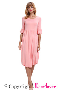 Pink Ruffle Sleeve Midi Jersey Dress