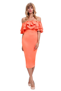 Orange Layered Ruffle Off Shoulder Midi Dress