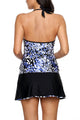 Blue White Spots V-neck Tankini Wrapped Skirt Swimsuit