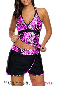 Purple White Spots V-neck Tankini Wrapped Skirt Swimsuit