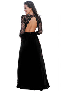 Black Open Back Long Sleeve Crochet Maxi Party Dress