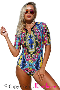 Abstract Print Zip Front Half Sleeve One Piece Swimsuit