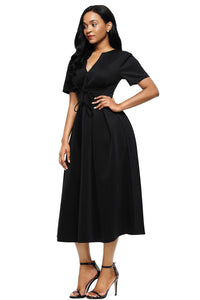 Black Split Neck Short Sleeve Midi Dress with Bowknots
