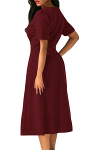 Claret Split Neck Short Sleeve Midi Dress with Bowknots