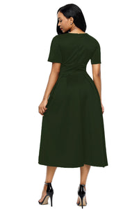Olive Split Neck Short Sleeve Midi Dress with Bowknots
