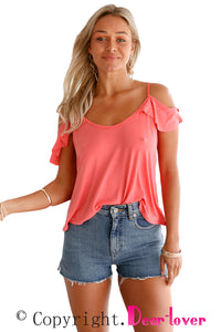 Pink Crisscross Back Ruffle Cold Shoulder Top