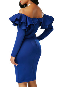 Royal Blue Ruffle Off The Shoulder Long Sleeve Bodycon Dress