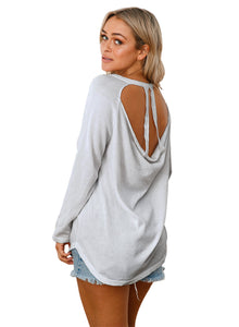 Gray Open Back Detail Long Sleeve Loose Fit Sweater