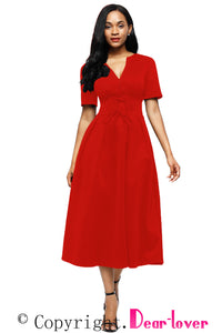Red Split Neck Short Sleeve Midi Dress with Bowknots