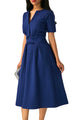 Blue Split Neck Short Sleeve Midi Dress with Bowknots