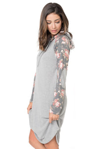 Gray Floral Sleeve Shift Hoodie Dress