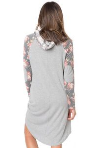 Gray Floral Sleeve Shift Hoodie Dress