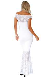 White Bardot Lace Fishtail Maxi Dress