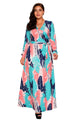 Blue Coral Leafy Print Sash Tie Plus Size Maxi Dress