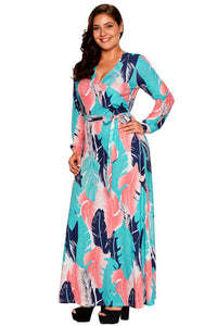 Blue Coral Leafy Print Sash Tie Plus Size Maxi Dress