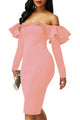 Pink Ruffle Off The Shoulder Long Sleeve Bodycon Dress