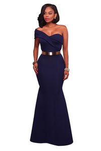 Navy Blue Sexy One Shoulder Ponti Gown