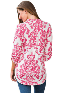 Pink Damask Print Slight Collar V Neck Blouse