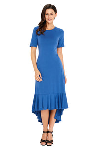 Slate Blue Flowy Ruffles Short Sleeve Casual Dress