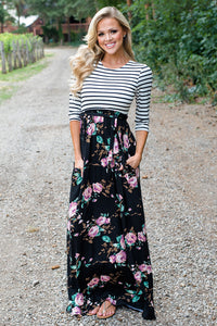 Striped Black Floral Skirt Maxi Dress with Tie Waist