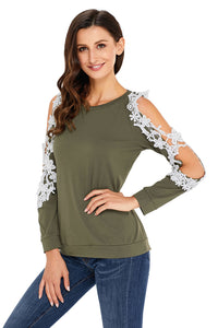 Lace Trim Cold Shoulder Green Long Sleeve Top