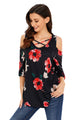 Black Floral Print Three Quarter Sleeve Drop Shoulder Blouse