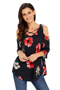 Black Floral Print Three Quarter Sleeve Drop Shoulder Blouse