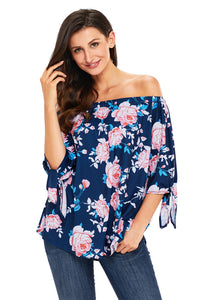 Navy Blue Floral Elastic Off Shoulder Top