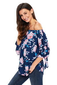 Navy Blue Floral Elastic Off Shoulder Top